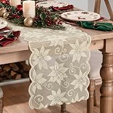 Artoid Mode Poinsettia Lace Jacquard Christmas Table Runner 13x72 Inch | Seasonal Winter Xmas Flower Kitchen Dining Table Decoration for Home Party