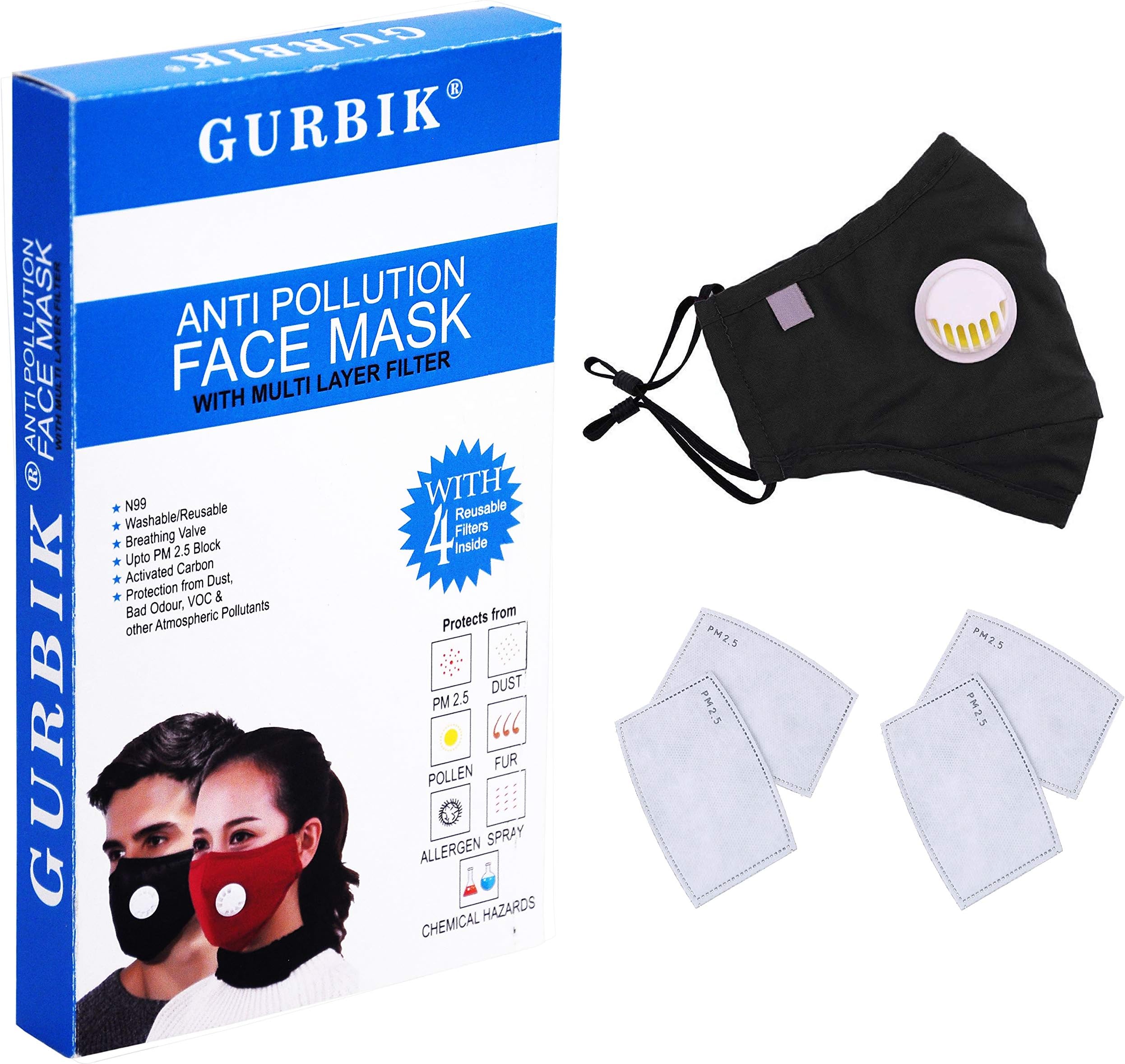 Gurbik Carbon Activated Anti-Pollution Mask Washable Reusable (1 Piece) With 1 Filter (Dark Blue)