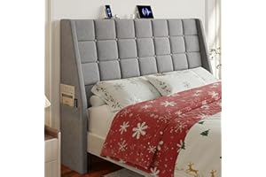 COMFYCORNER Queen Size Headboard with Charging Station, Ergonomic Upholstered Linen Headboards Only, Wingback Wood Bed Head Board with Storage Pocket, Bed Frame Adapters, Light Grey