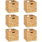 TREVIETDECOR 10.5x10.5in Wicker Storage Baskets, Handwoven Water Hyacinth Foldable Cube Bins for 11.5" × 11.5" and Larger Cube Shelves, Set of 6 (Natural)