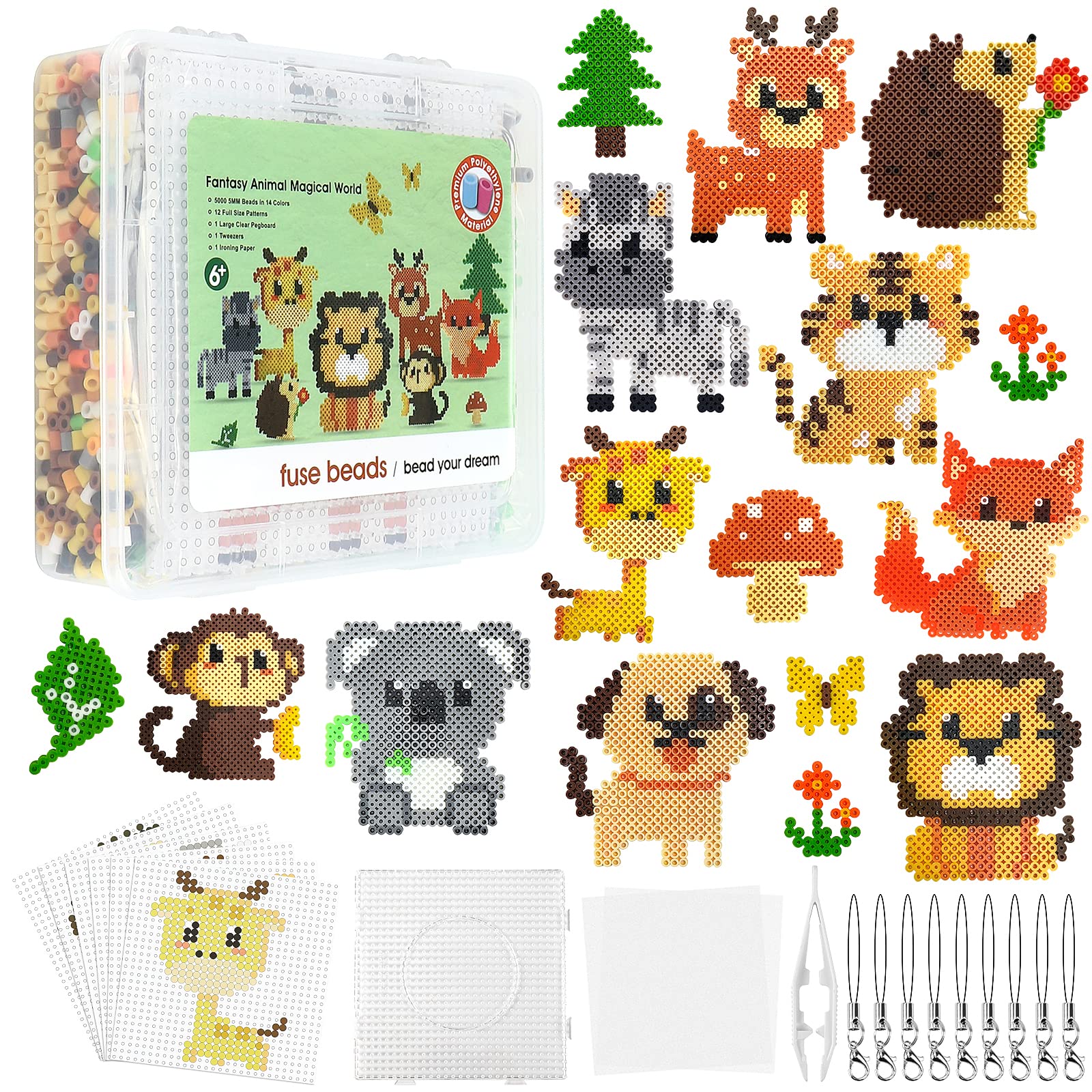 Homgaty 5000 Fuse Beads Animals Set, 5mm Beads with Pegboard, 15 Patterns, Ironing Paper, Pendants, and Crafting Accessories for Children's Gift