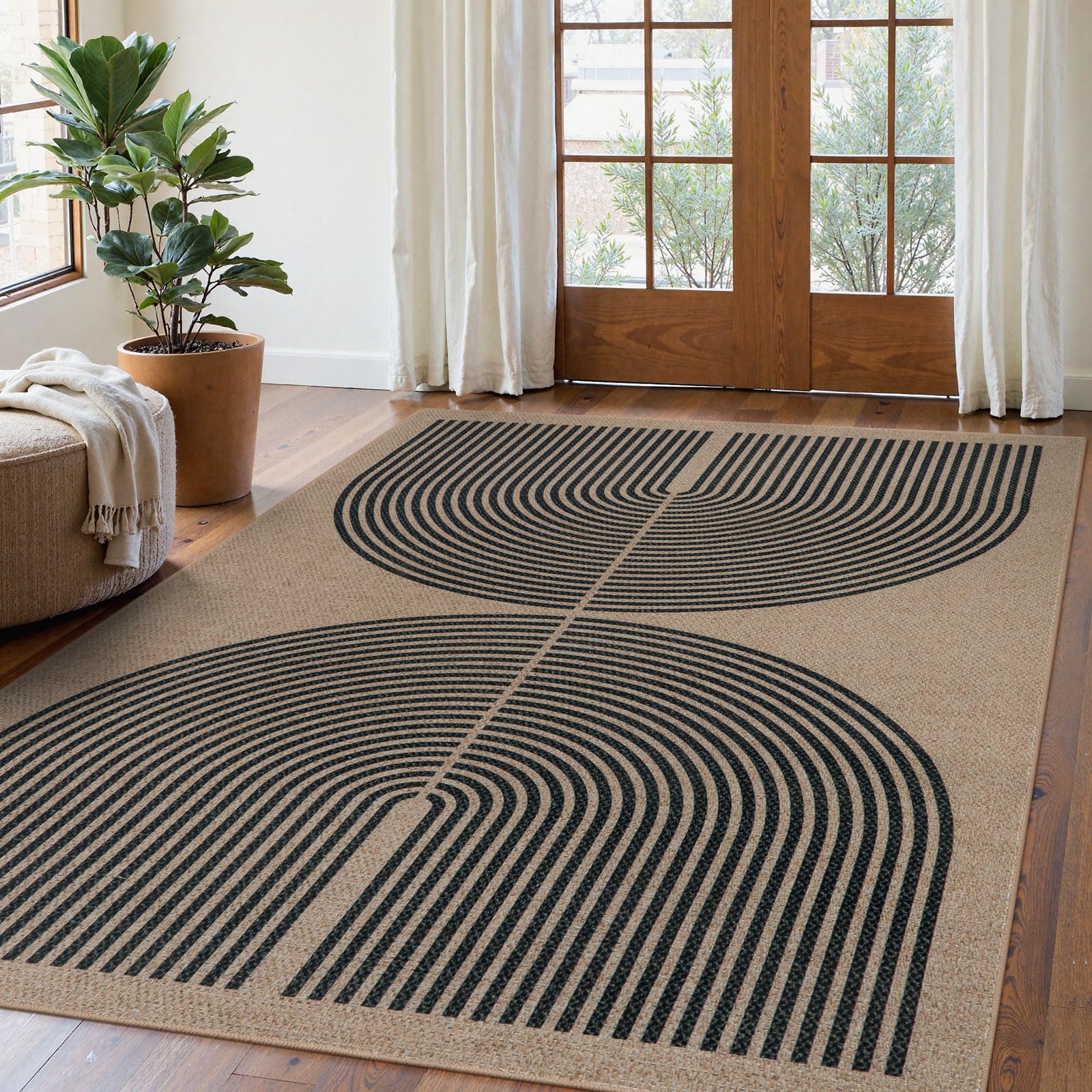 Photo 1 of Lahome Modern Rainbow Easy Jute Rug, Washable Rugs 5x7 for Living Room Bedroom Black Farmhouse Indoor Outdoor Patio Carpet, Contemporary Natural Throw Mat Non Slip Carpet for Office RV