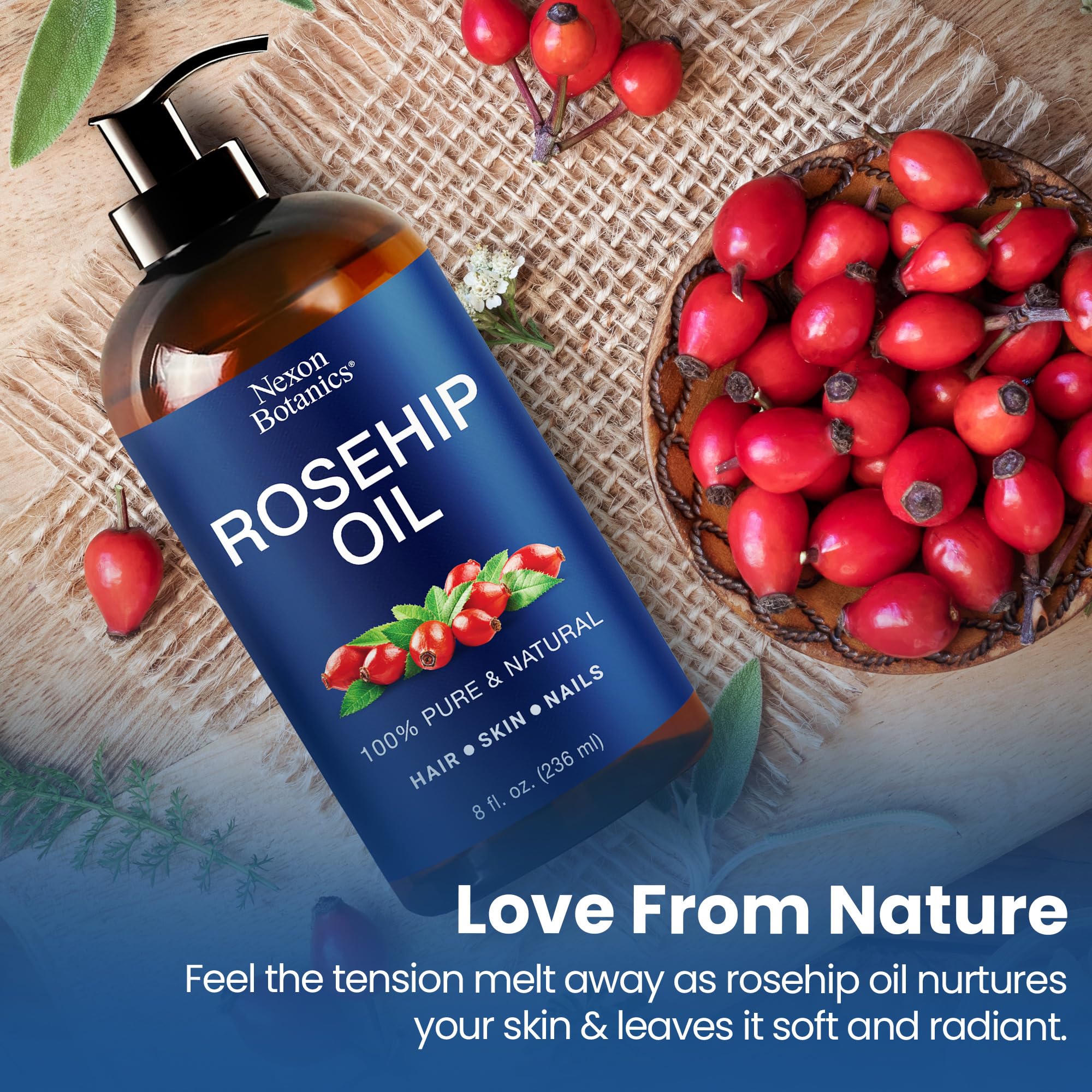 Rosehip Oil for Face 8 fl oz - Rosehip Seed Oil for Gua Sha, Massage, and Skin Care - Aceite de Rosa Mosqueta - Nexon Botanics
