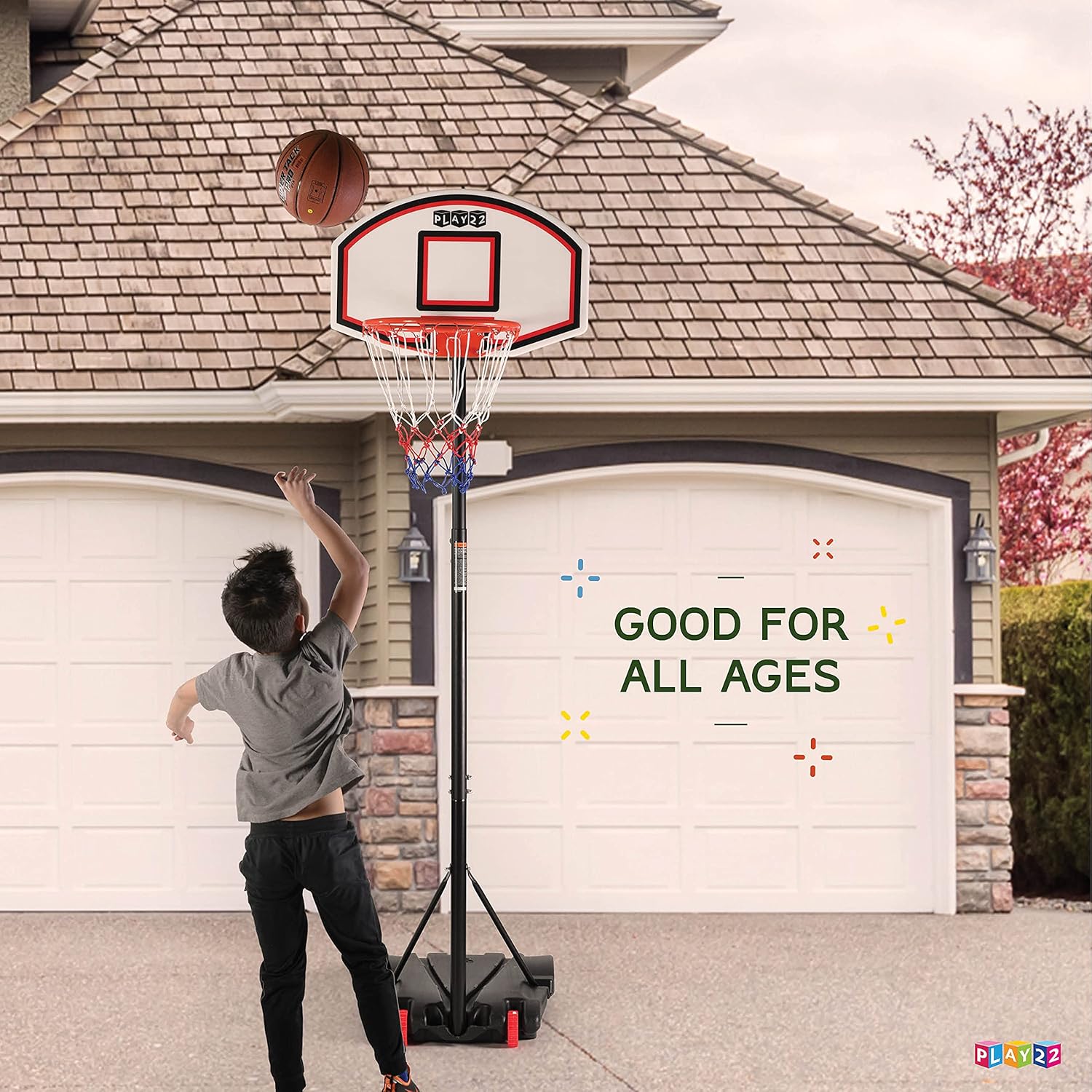Play22 Kids Adjustable Basketball Hoop Height 5 - 7 FT - Portable Basketball Hoop for Kids Teenagers Youth and Adults With Stand & Backboard Wheels Fillable Base - Basketball Goals Indoor Outdoor Play: Sports & Outdoors