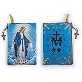 Catholic Rosary Pouch, Our Lady of Grace & Miraculous Medal Symbol, 4" x 6" Jewelry & Coin Purse with Cross, Small Woven Tape