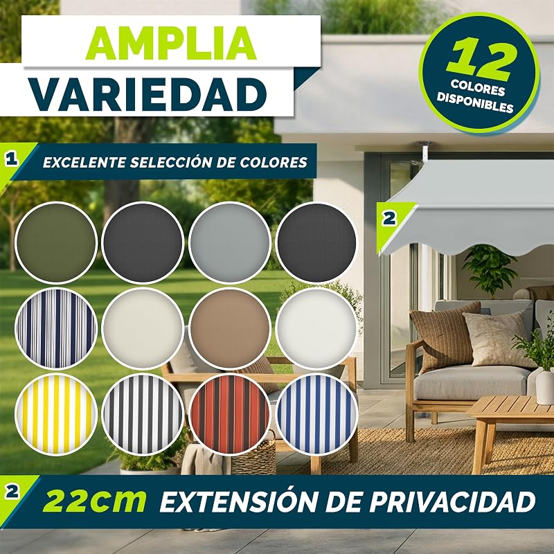 Toldo de gancho Tillvex 250 cm gris claro con manivela manual para balcón | Toldo para balcón sin perforación | Toldo resistente a los rayos UV y ajustable en altura | Protección solar impermeable