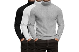 Locoowai 3 Pack Men's Ribbed Turtleneck Shirts, Long Sleeve Mock Neck Lightweight Pullover Sweaters Knit Base Layer Tee Tops