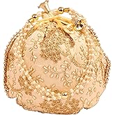 Touchstone Traditional Indian Hand Embroidered Shopping Gifts Jewelry Wedding Faux Pearls Strings Drawstring Bag for Women.