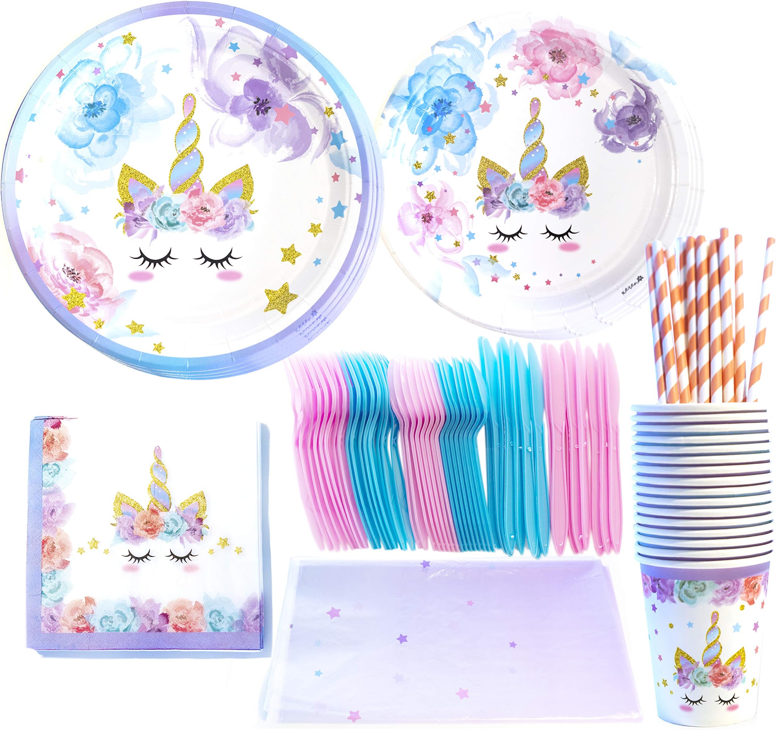 Unicorn Party Supplies Set - Serves 16 Guests - Cute Unicorn Themed Party Favors - Magical Rainbow Design - Birthday Party Supplies - By Xeren Designs