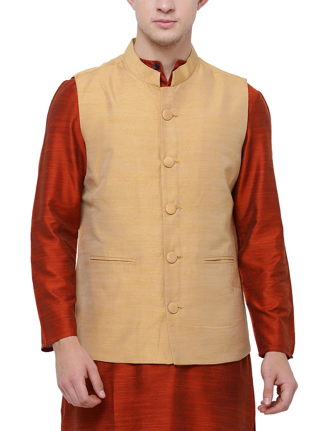 svanik gold rayon blend solid waistcoat