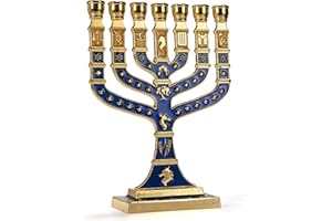 JL Kippha's Blue and Gold Candle Holder Decorative Menorah 7 Branch Israel Jewish Symbol