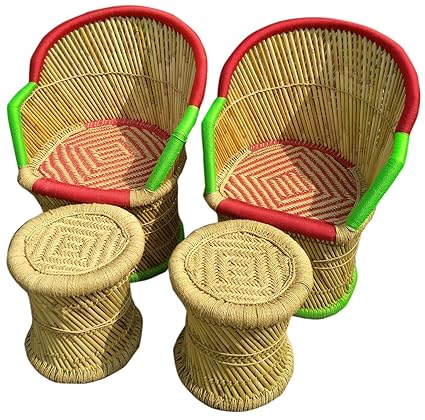 PatioStack Bamboo Outdoor Vintage Rattan & Wicker Sitting Chair Stools Furniture Set for Garden / Terrace / Lawn and Living Room [ 2 Chair & 2 Stools ]
