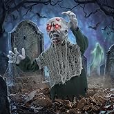 Halloween Decor Outdoor Animated Zombie, 24IN Light Up Red Eyes Scary Yard | Groundbreaker Zombie with Glowing Red Eyes, Swinging Animated Halloween Prop for Yard Lawn Graveyard Scary Outdoor Decor