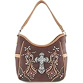 Justin West Western Floral Wing Embroidery Laser Cut Rhinestone Silver Cross Studded Shoulder Tote Handbag Purse Wallet