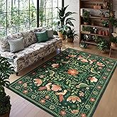 Morebes Washable Floral 5x7 Green Area Rug for Living Room, Large Boho Bird Rug for Bedroom Non Slip, Soft Vintage Plant Floor Carpet for Nursery Dining Kids Room Playroom Emerald Green