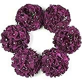 DuHouse Silk Hydrangea Artificial Flower Heads with Stems Fake Hydrangeas Flowers for DIY Wedding Centerpiece Home Decor,Pack of 6(Plum)