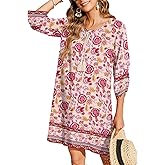 Zeagoo Womens Boho Dresses Casual Beach Summer Dress Tassel Tie Neck 3/4 Long Sleeve Mini Sundress 2026 Floral Print Cover Up