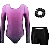 Zaclotre Gymnastics Leotards for Girls Long Sleeve Sparkly Dance Unitards Biketards with Tumbling Shorts