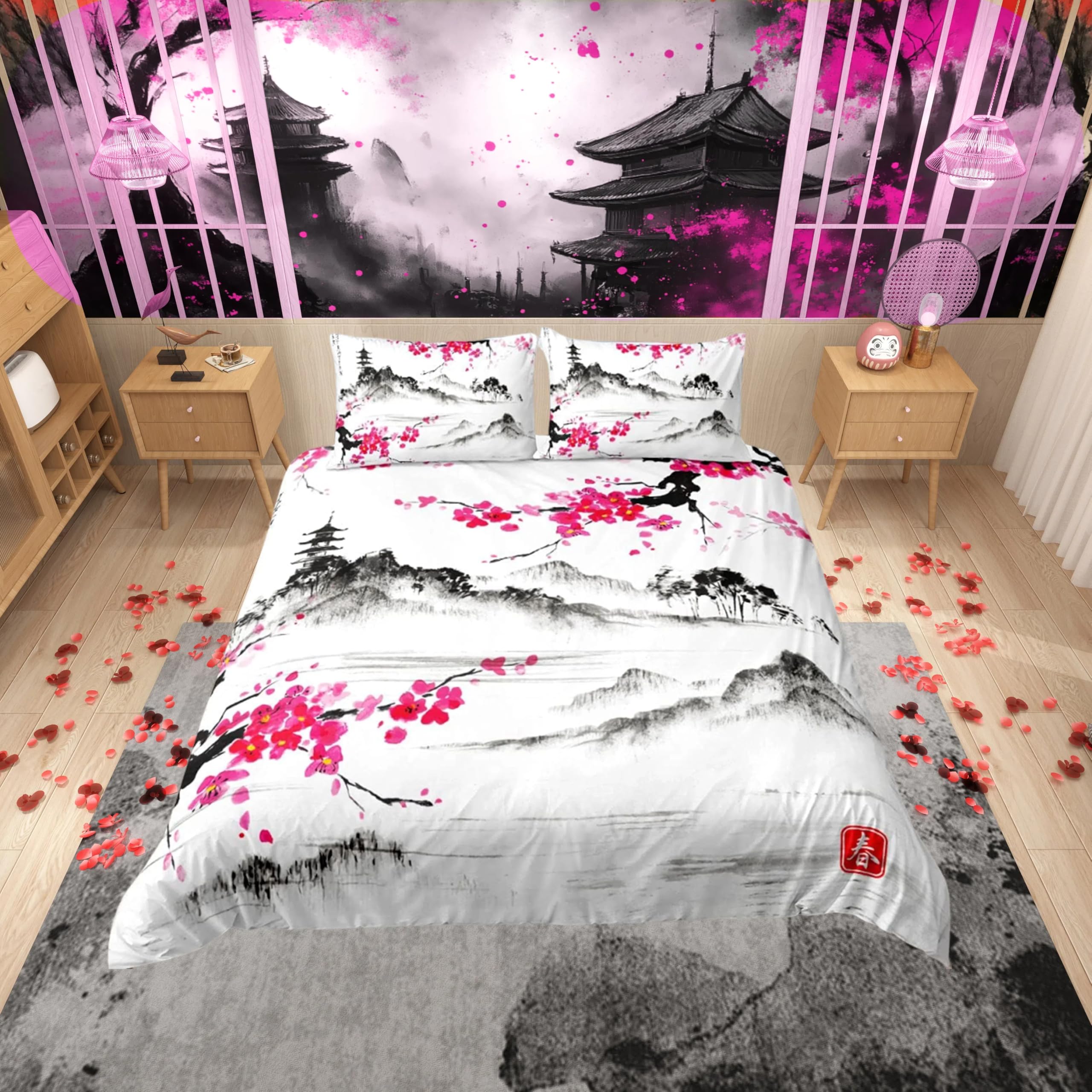 Japanese Style Cherry Blossoms Duvet Cover Set Watercolor Ink Painting Bedding Set Double For Girls Women Teens Adults Decor Pink Flowers Landscape Beds Set With Zipper
