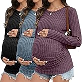 Sweetyweee 3 Pack Maternity Shirts Ribbed Long Sleeve Maternity Sweater Crew Neck Pregnancy Clothes for Women Thermal Top