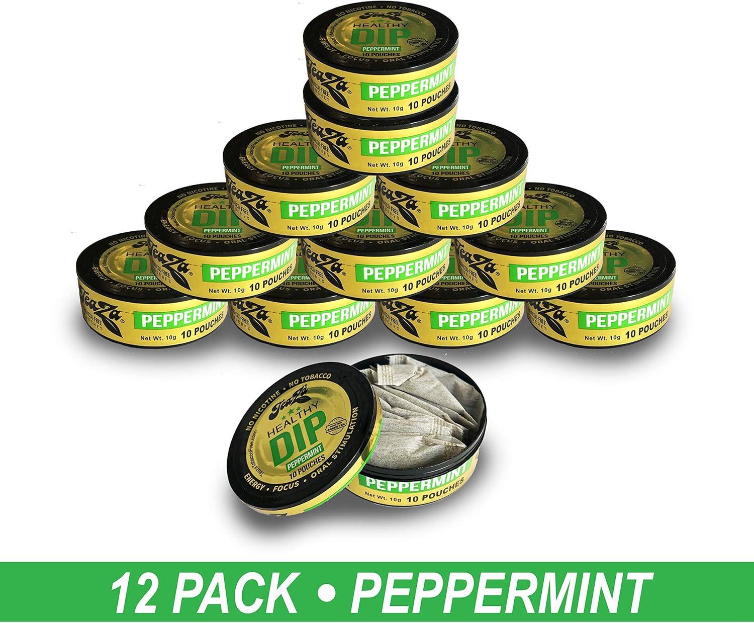 TeaZA Peppermint Herbal Energy Pouches | Nicotine Free, Tobacco Free Pouches | Made with Green Tea Caffeine Dip Pouches [12 Pack]: Health & Personal Care
