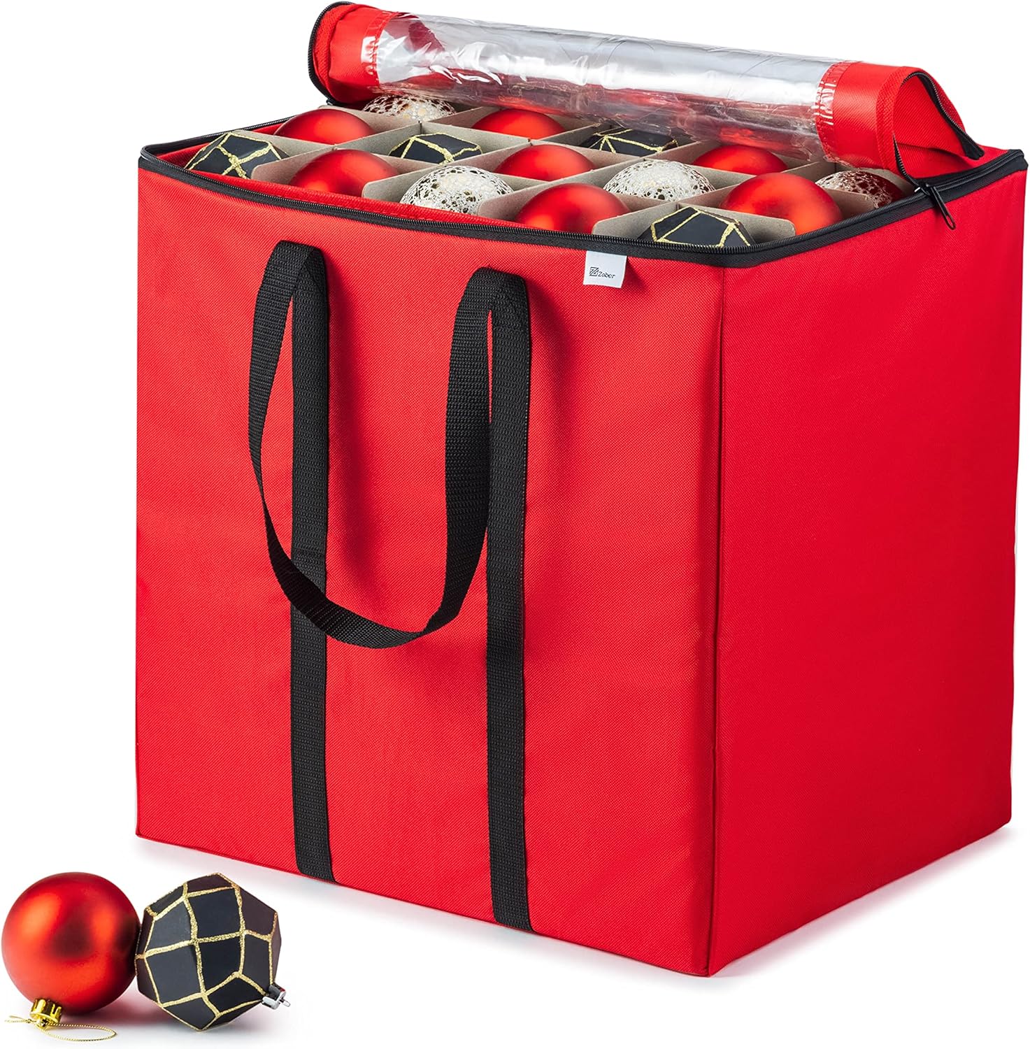 Holiday Décor Storage - ZOBER Christmas Ornament Storage Box - Stores 100 Ornaments W/Lid- Non-Woven, Tear- Proof Christmas Ornament Storage Containers - 3 Inch Cube Compartments - Red