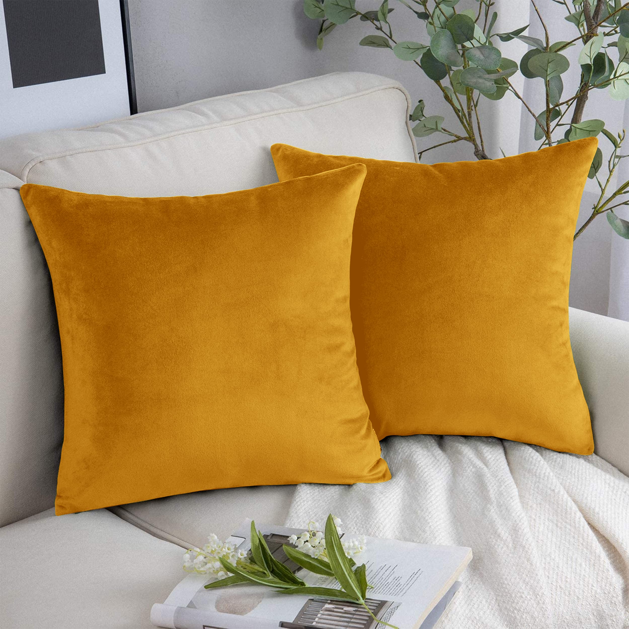 Yorkshire Bedding Cushion Covers 45 x 45 (Pack of 2) - Decorative Velvet Square Throw Pillow Cases (18x18 Inches) - Luxury Soft Cushion Cover for Sofa Couch Bedroom with Invisible Zipper (Ochre) — image 1