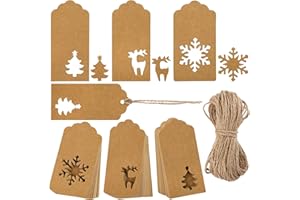 Aneco 150 Pieces Christmas Paper Gift Tags Brown Kraft Tags Hang Labels Christmas Tree Snowflake Reindeer Design with 30 Meters Jute Twine for Christmas DIY Wrapping Favor Holiday Present