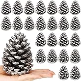 Janinka 24 Pcs Large Silver Christmas Glitter Pine Cones 4 Inch Pine Cone Ornaments Artificial Christmas Pinecone Decorations for Xmas Tree Vase Fillers Garland Wreath DIY Craft