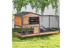 GUTINNEEN 2-Story Rabbit Hutch with Chew-Proof Full Metal Frame for Indoor/Outdoor - 62" Bunny Cage with 6 Locking Casters & 2 Pull-Out Trays for Rabbits, Guinea Pigs, Small Pets (Brown)