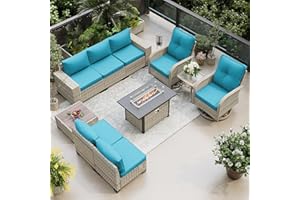 Muphyers 10-Piece Outdoor Patio Furniture Set with Rocking Swivel Chair, PE Wicker Rattan Sectional Sofa Patio Conversation Set with 55,000 BTU Fire Pit Table & Coffee Table, Turquoise