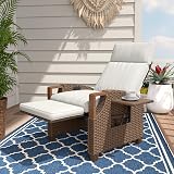 Grand patio Outdoor Recliner with Independent Adjustable Back and Footrest, Air Pump 150° Lay Flat Reclining Chair Removable Olefin Cushion Flip-Up Table Wicker Creamy White 1PC