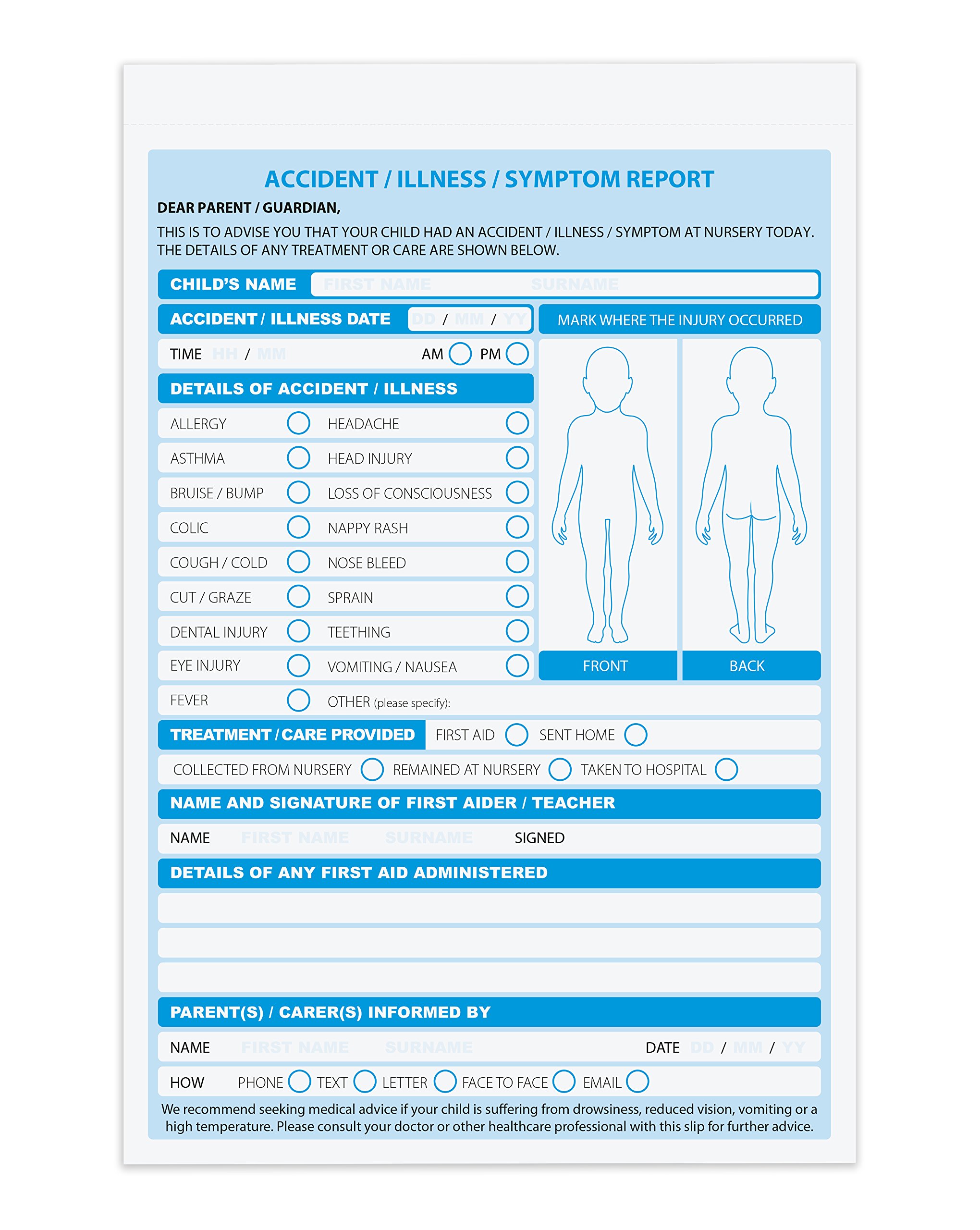 Nursery/Childcare/Early Years Accident Report Book, 2 Part, (Duplicate) - Pack of 5