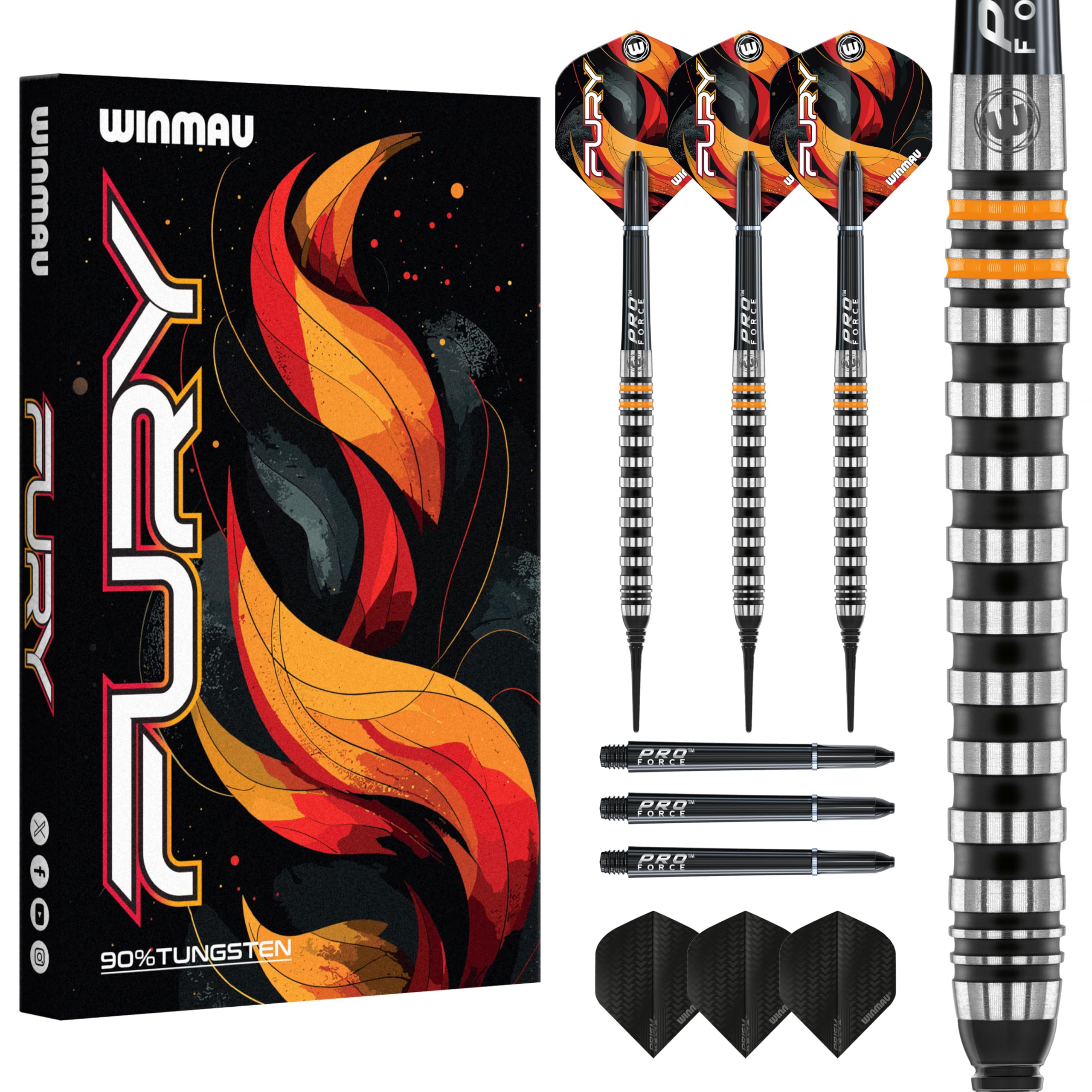 WINMAU Fury 20 Gram Tungsten Softip Darts Set with Prism Flights and Vecta Shafts (Stems)