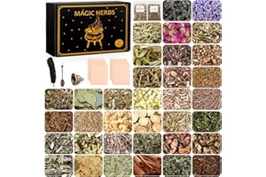 FLGENGMH 35Pcs Dried Herbs for Witchcraft Supplies, Dried Herb Kit for Witch Beginner, Wiccan, Wicca Altar Supplies, Magic Ritual and Spell, Candle and Soap Making, with Witchy Bell and More