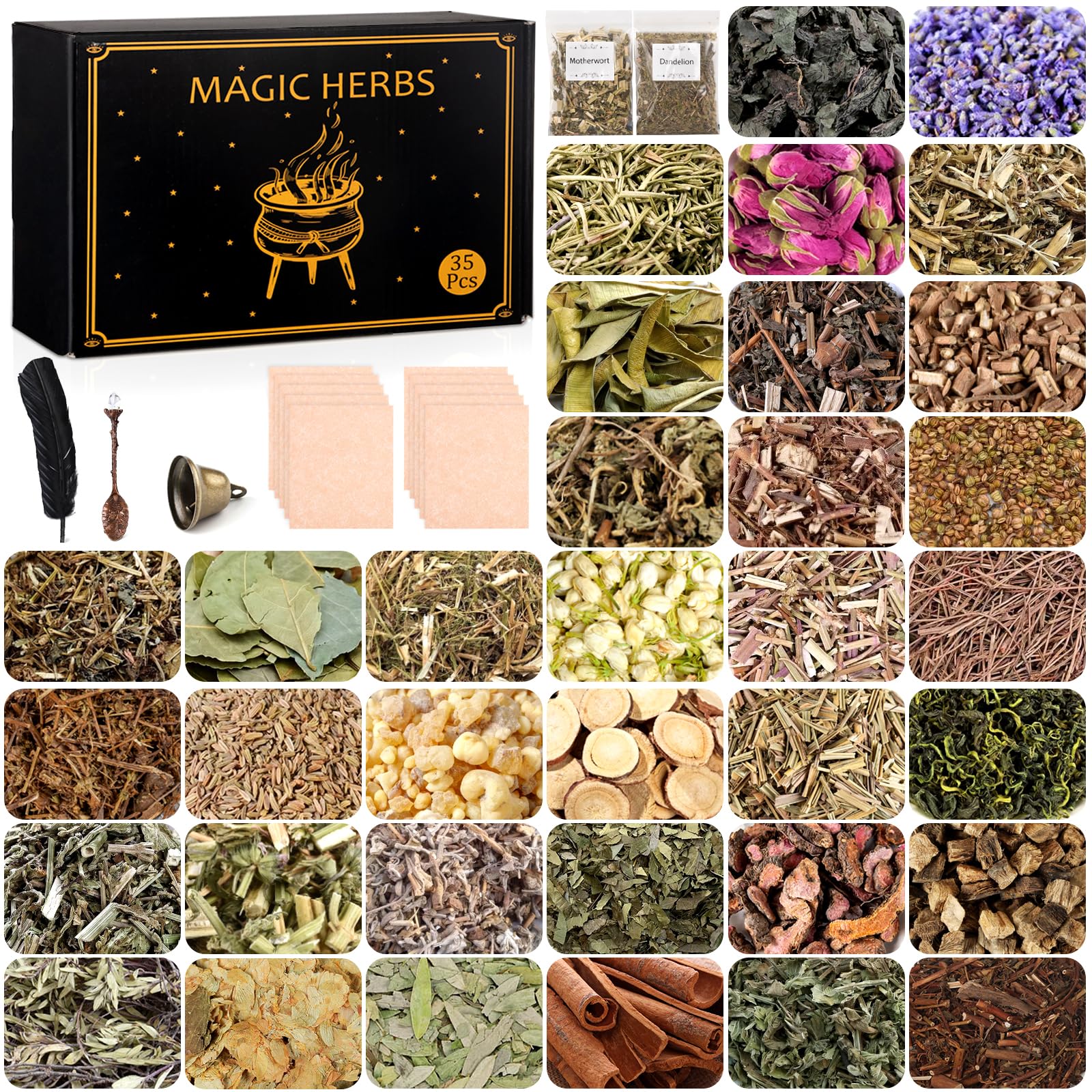 Photo 1 of  Dried Herbs for Witchcraft Supplies, Dried Herb Kit for Witch Beginner, Wiccan, Wicca Altar Supplies, Magic Ritual and Spell, Candle and Soap Making, with Witchy Bell and More