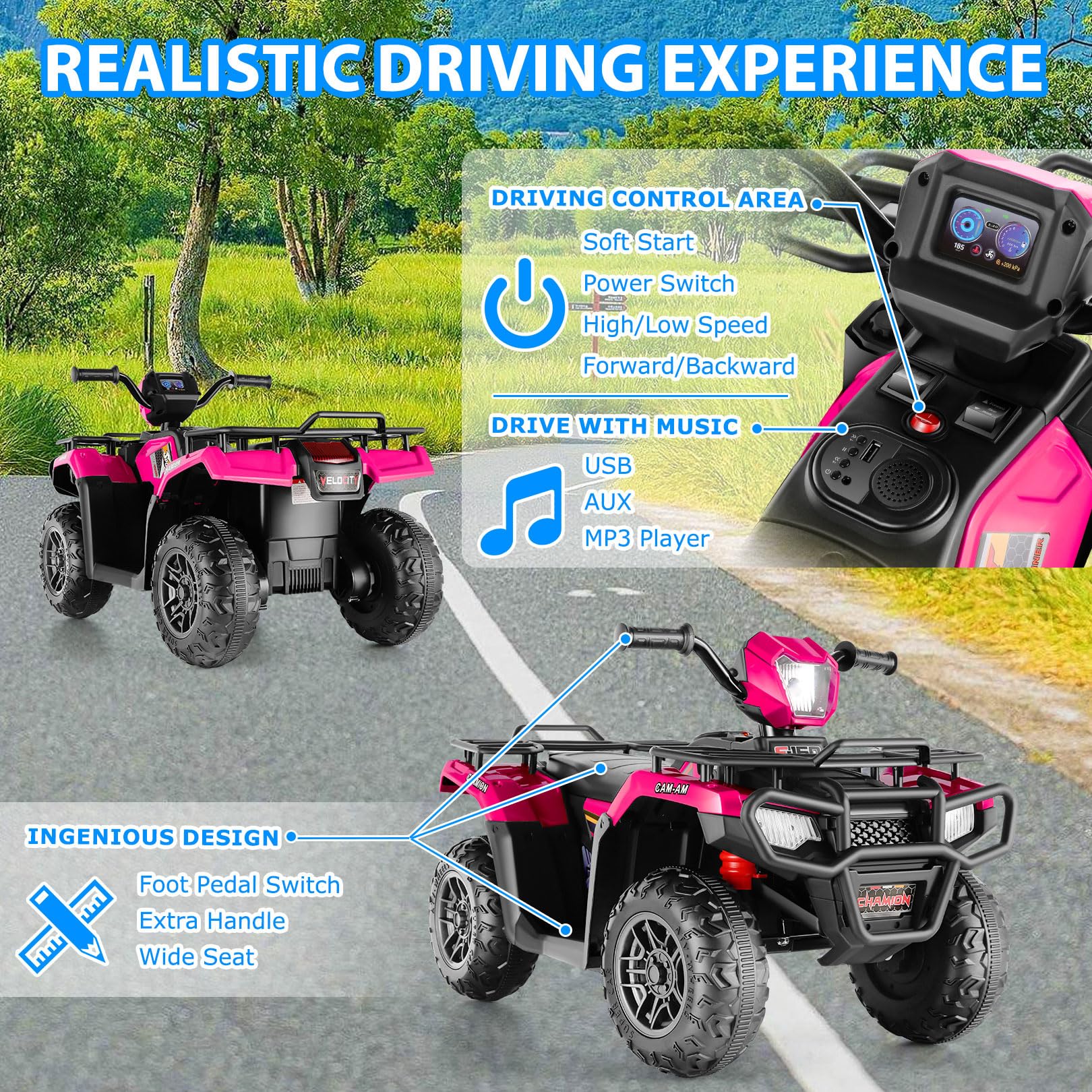 Hikole Kids ATV, 12V Four Wheeler for Kids, Battery Powered Electric Quad Car Toy with LED Lights, Music, High/Low Speed, Soft Start, USB, Treaded Tires, Rose Red