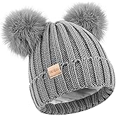 Kids Winter Beanie Hat Warm Ski Caps with Pompom Fleece Lined Children's Knit Hat for Boys Girls