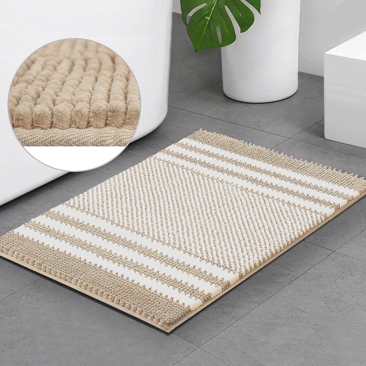 Bsicpro Chenille Bath Rug for Bathroom Shaggy Mat Shower Mats 32 x 21inch Super Non Slip Water Absorbent Carpet Stripe Pattern Plush Rugs for Tub, Shower, Bath Room (Khaki): Kitchen & Dining