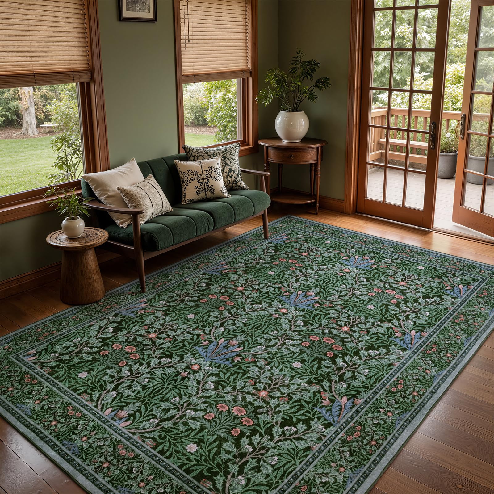 Photo 1 of Dadasgk Floral 5x8 Living Room Area Rug, Dark Green Soft Washable Boho Rugs for Bedroom Aesthetic Stain Resistant Floor Carpet Non Slip Vintage Botanical Rugs for Living Room Dining Room Home Office