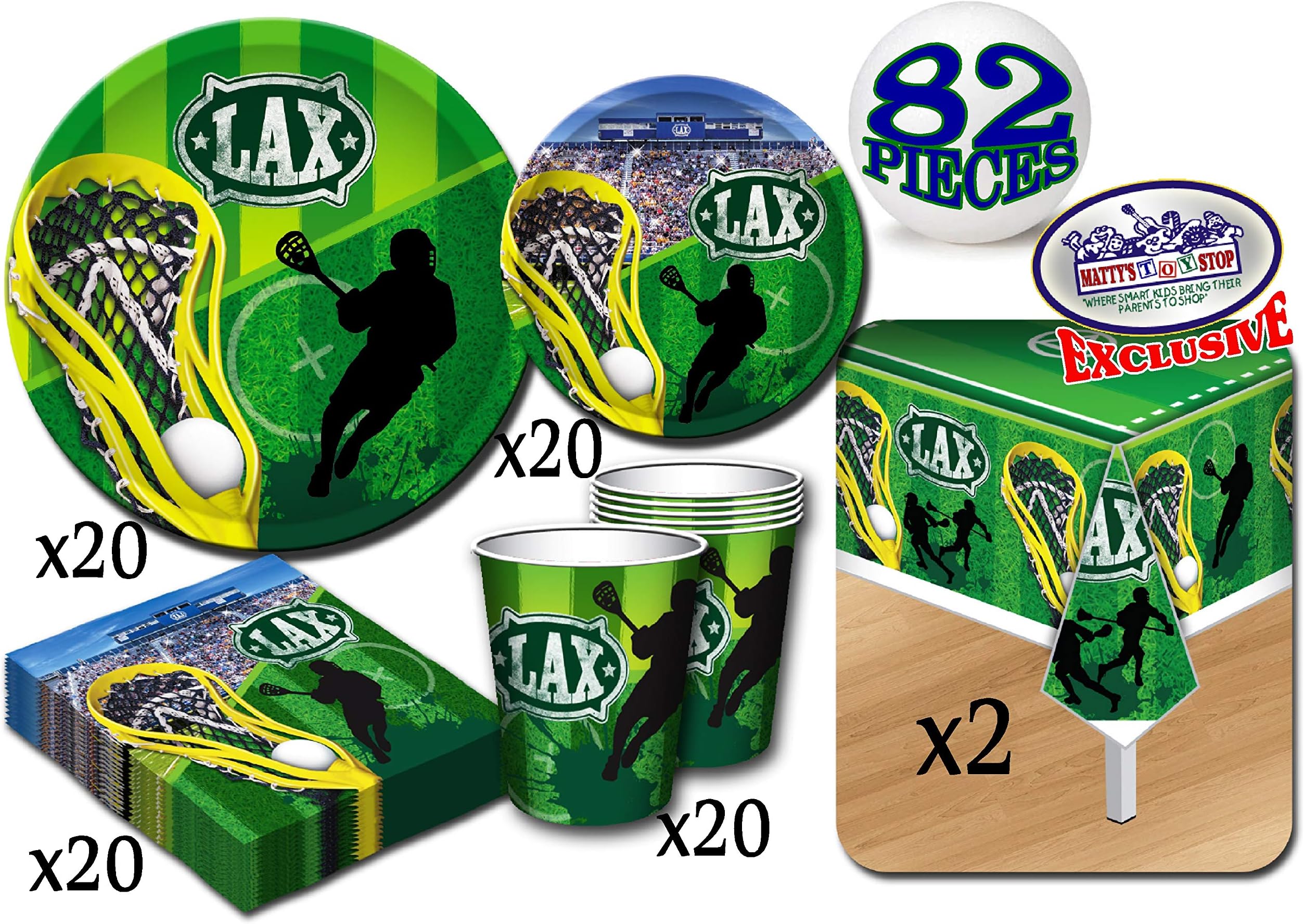 Deluxe Lacrosse (LAX) Theme Party Supplies Set for 20 People, Includes 20 Large Plates, 20 Small Plates, 20 Napkins, 20 Cups & 2 Table Covers - Perfect for Gameday or Birthday (82 Pieces Total)