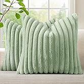 decorUhome Cozy Faux Fur Spring Throw Pillow Covers 20x20 Set of 2 Decorative Soft Plush Striped Modern Farmhouse Boho Couch Pillow Cases with Velvet Back for Sofa Bed Living Room, Sage Green