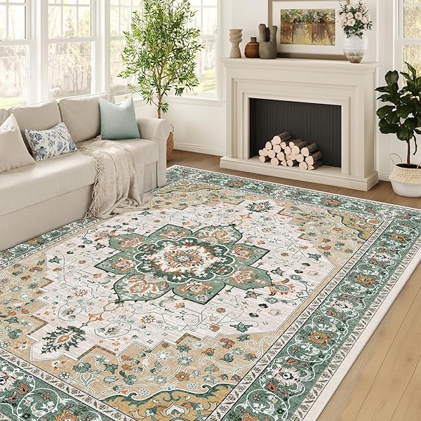 WASHABLE AREA RUGS 5’X7′ NON-SLIP VINTAGE SOFT FOR LIVING ROOM BEDROOM DINING ROOM，GLUE-FREE FORMALDEHYDE-FREE PET & KID FRIENDLY, ONE-PIECE WEAVING LOW PILE STAIN RESISTANT MACHINE WASHABLE AUG