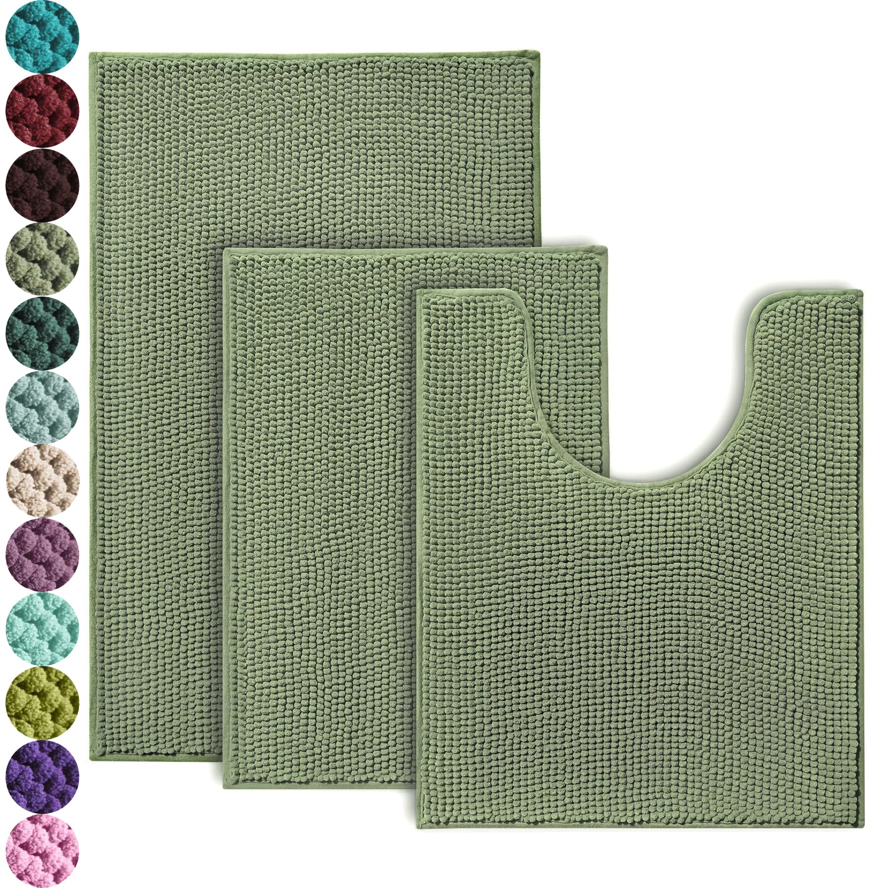 Photo 1 of Urvoix Bathroom Rugs Sets 3 Piece, Non-Slip Chenille Bath Rug - Ultra Soft, Washable, Super Absorbent Bath Mat for Bathroom, Toilet and Tub (Sage)