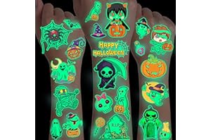 SHELYEXIEN 10 Sheets Cartoon Glow in The Dark Halloween Temporary Tattoos For Kids Boys Girls Face Arm, 3D Night Glitter Luminous Halloween Cat Pumpkin Witch Bat Spider Ghost Skull Zombies Fake Tattoo Stickers