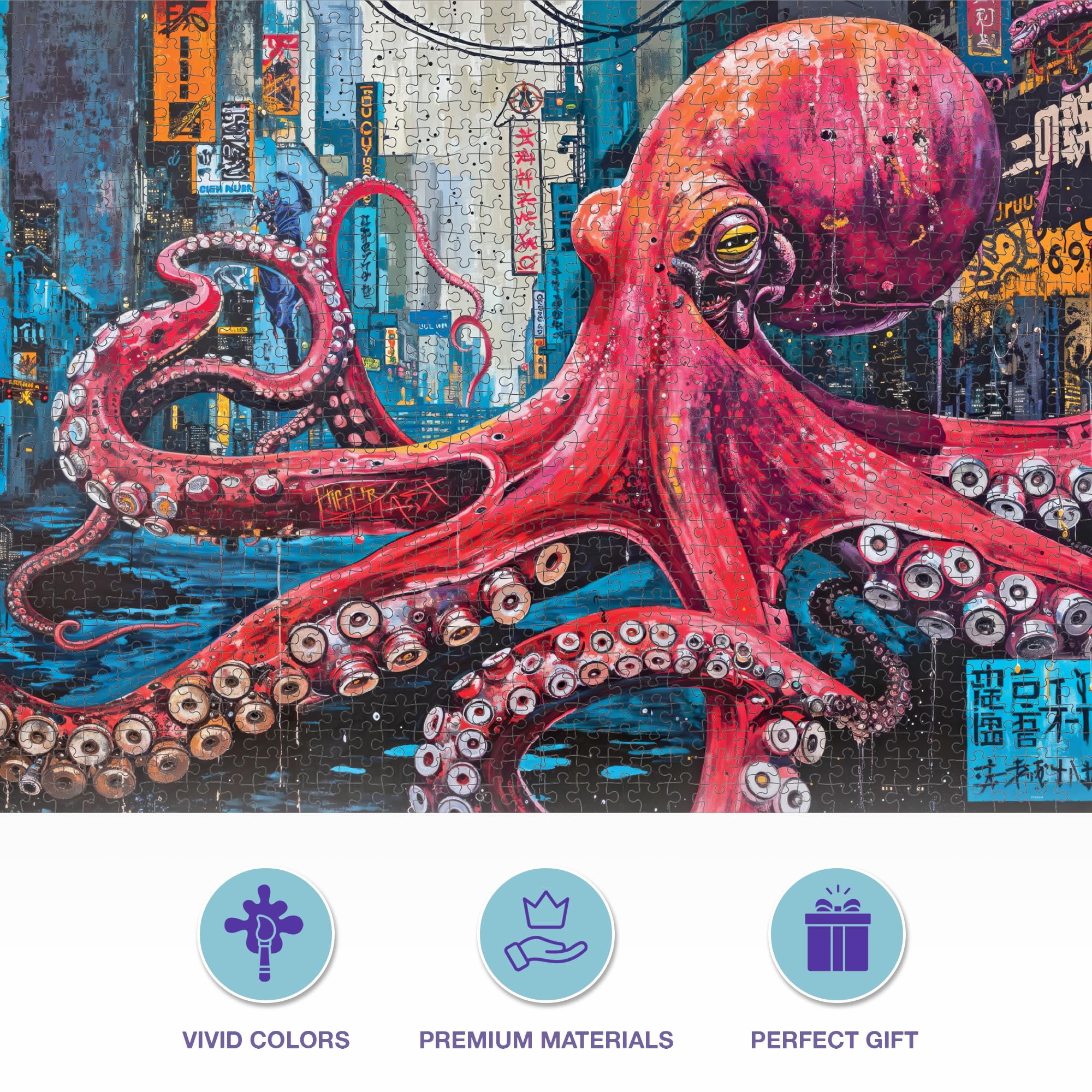 Cross & Glory 1000 Piece Jigsaw Puzzle for Adults | Octopus City: Neon Overlord | Marine Ocean Artwork Puzzle | Challenging Brain Teaser | Cyberpunk Ocean Art