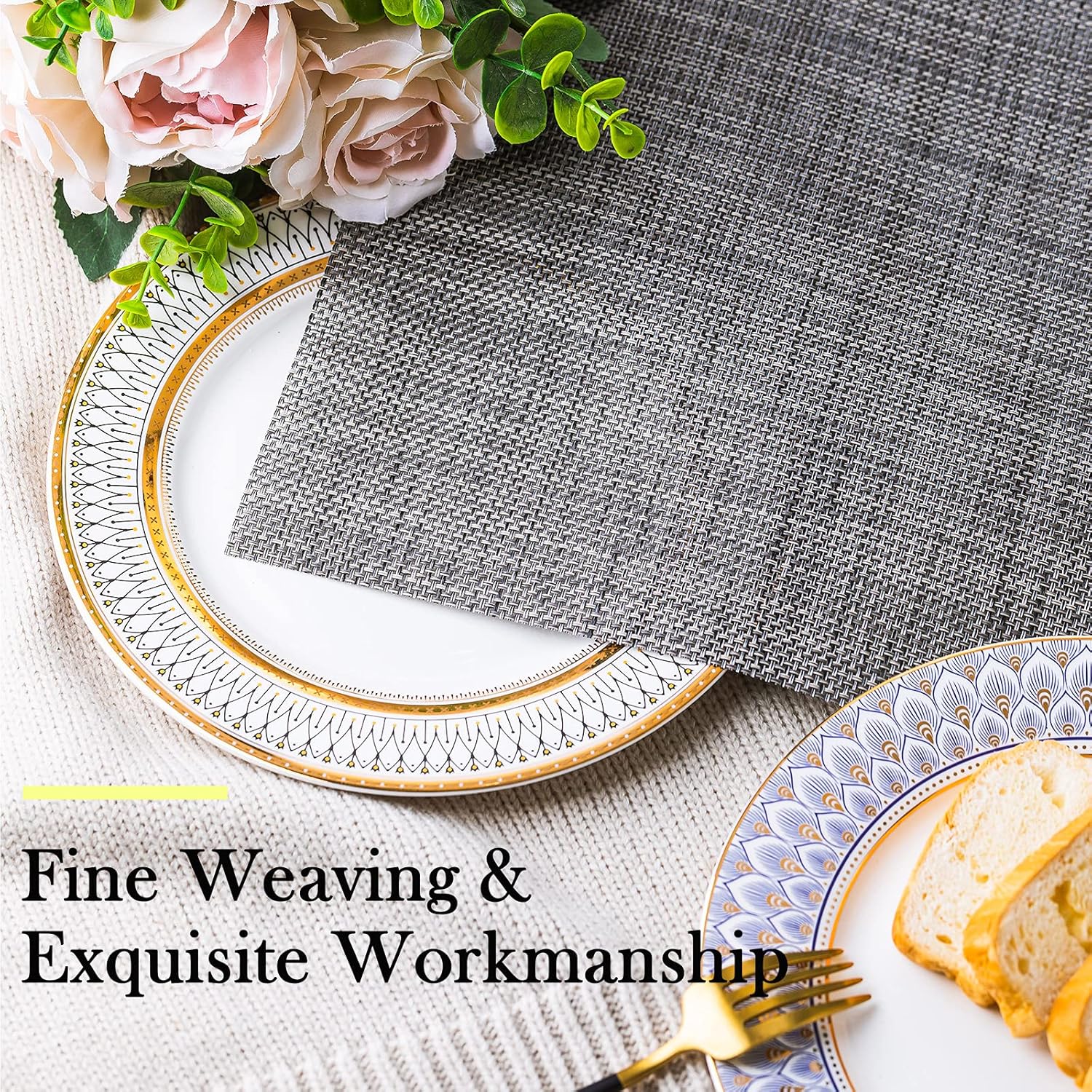 Placemats, Set of 8 Heat Resistant Stain Resistant Anti-Water Non-Slip Placemats for Dining Table, Washable Durable PVC Place Mats Weave Vinyl Table Mats(Dark Gray): Kitchen & Dining