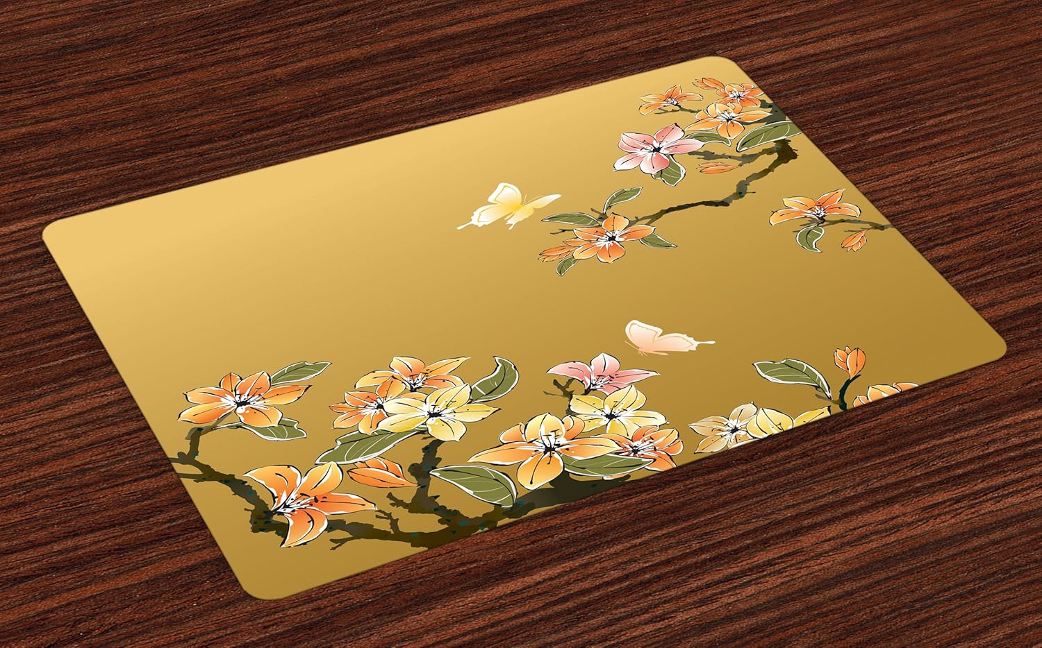 Lunarable Ethnic Place Mats Set of 4, Chinese Ink Butterfly Plum Motif Heritage Oriental Eastern Illistration, Washable Fabric Placemats for Dining Room Kitchen Table Decor, Pastel Yellow