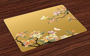 Lunarable Ethnic Place Mats Set of 4, Chinese Ink Butterfly Plum Motif Heritage Oriental Eastern Illistration, Washable Fabric Placemats for Dining Room Kitchen Table Decor, Pastel Yellow