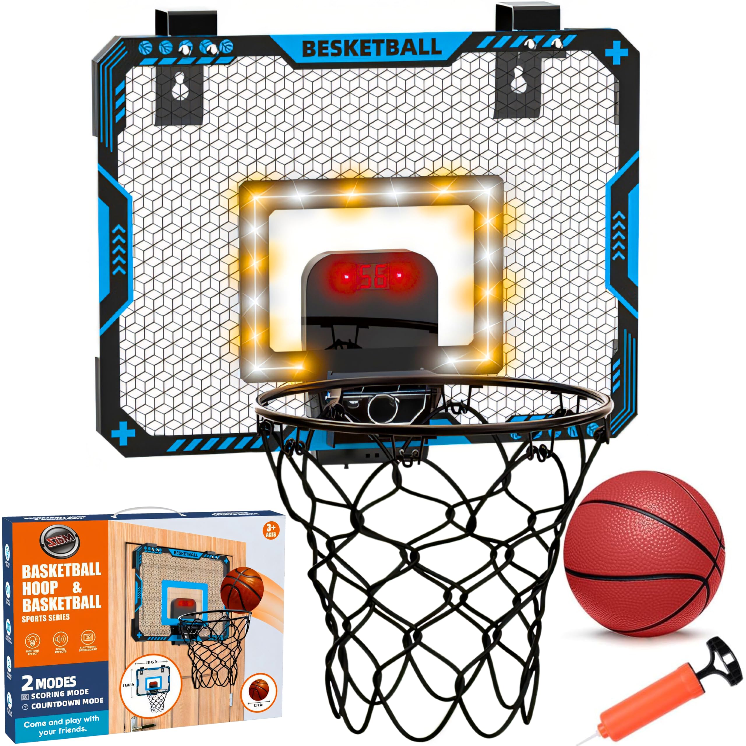 SGM 777-409E Indoor Mini Basketball Hoop! Featuring an electronic scoreboard with cheering sounds, this over-the-door basketball hoop is perfect for kids, teens, and adults